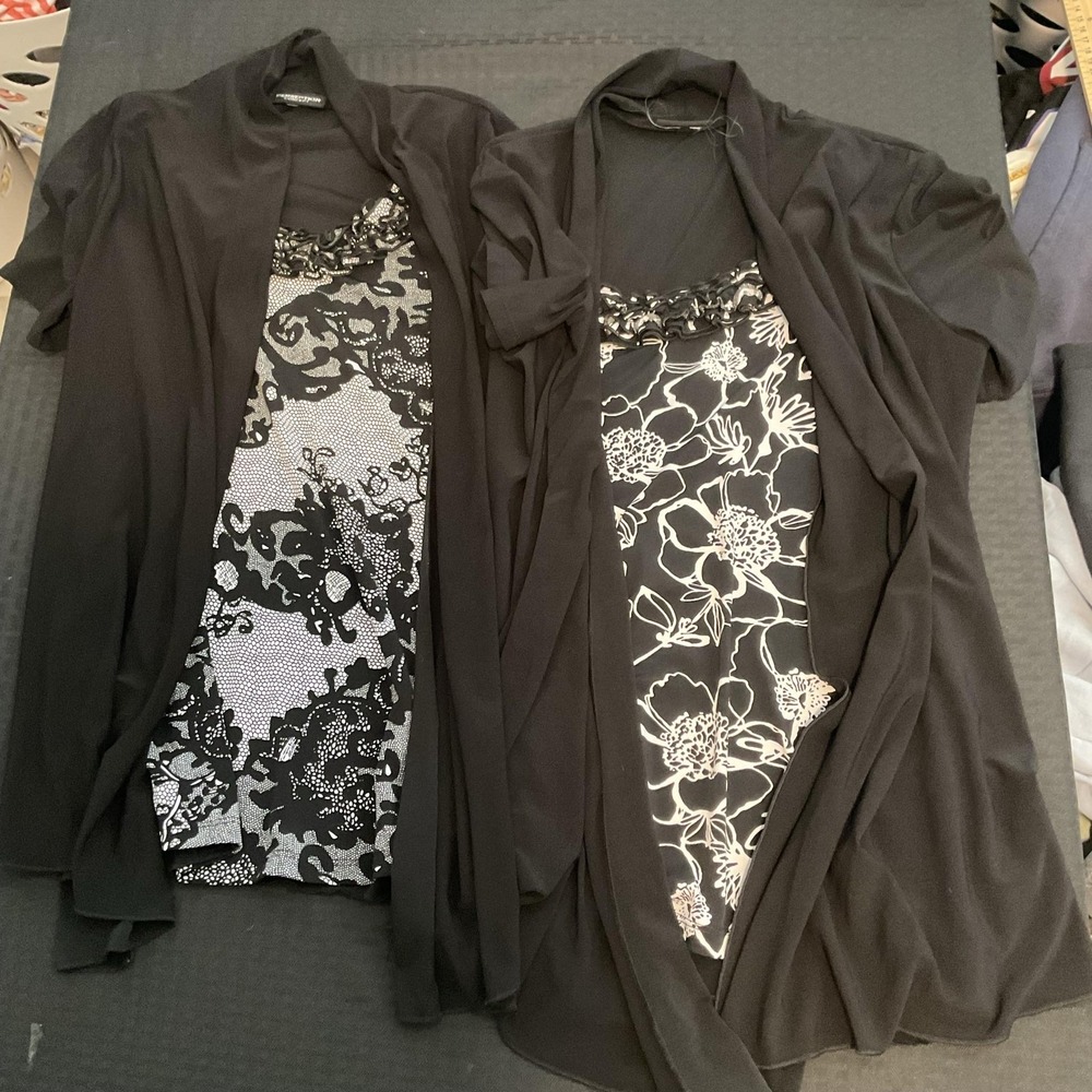 Perception Concept Top Womens L Black‎ Floral Beaded Tunic Short Sleeve Lot 2